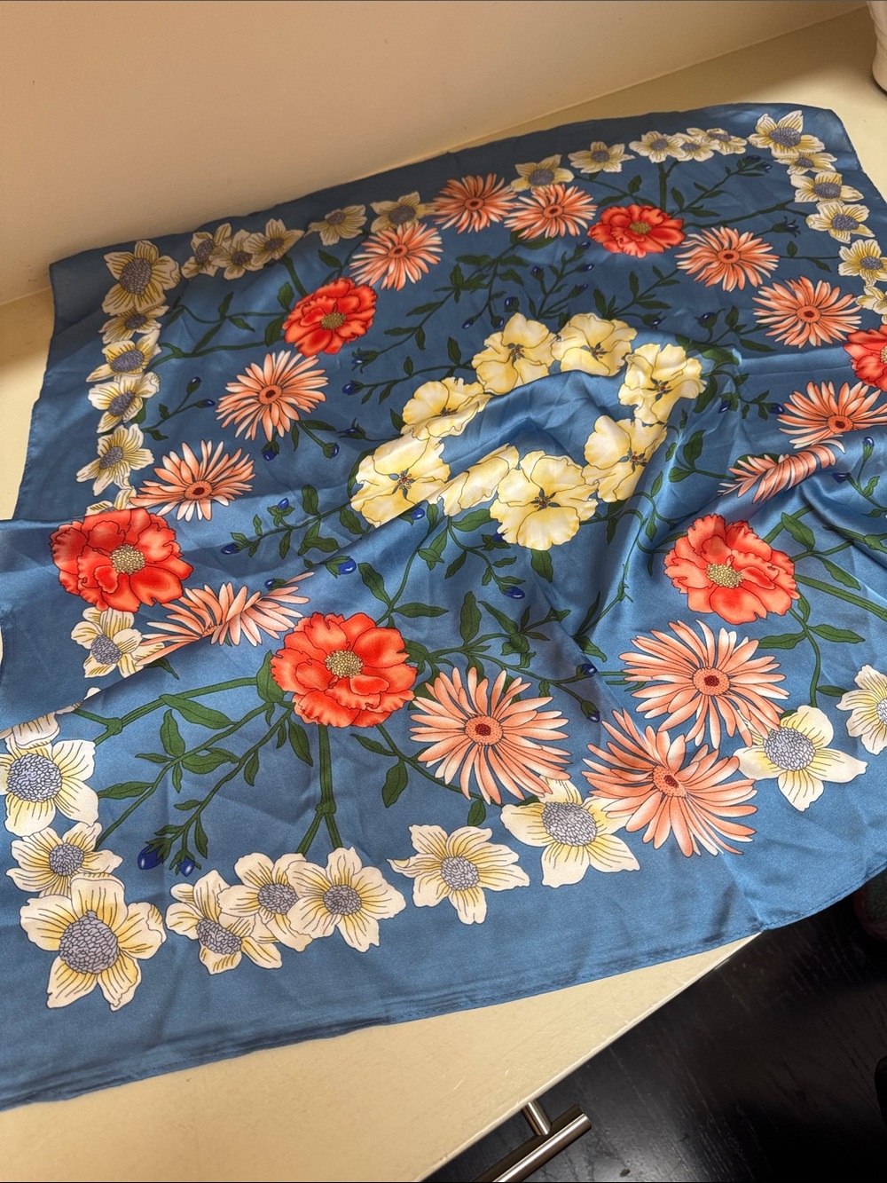 Anthropologie Blue Floral Satin Scarf with Coral, Peach & Yellow Blooms - Picture 1 of 3